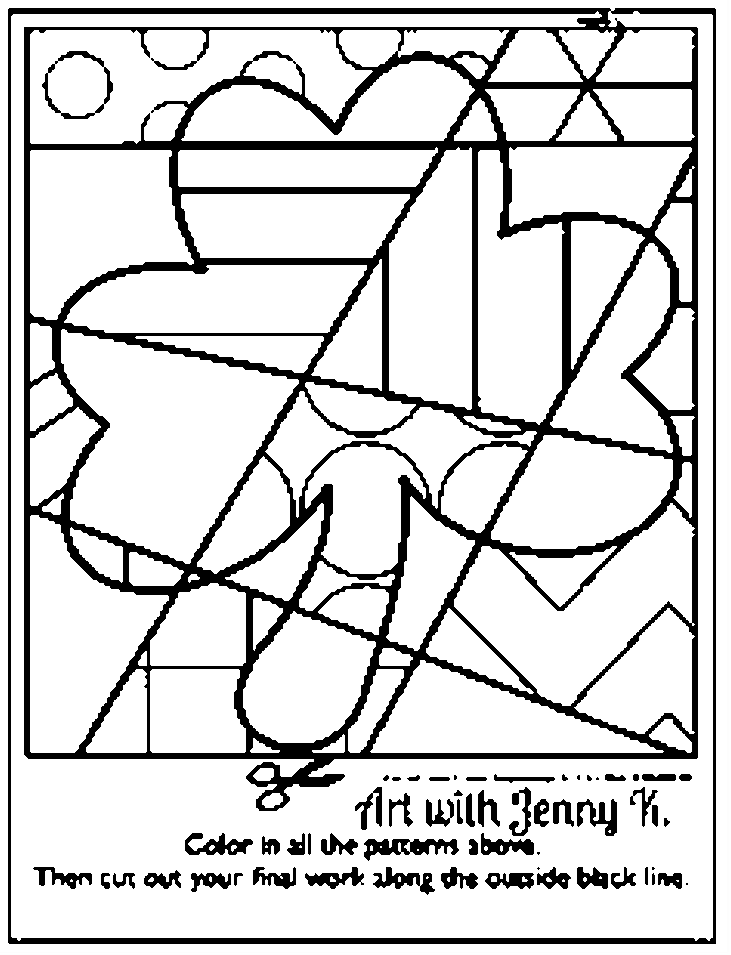 FREE pattern-filled shamrock coloring sheet. Try out this sample "pop art" coloring sheet with your students for St. Patrick's Day. See how much they enjoy this kids craft art activity. A fun and easy art lesson for March from Art with Jenny K.